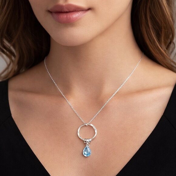 Jewelry - Borun Silver Circle Pendant Necklace with Blue Teardrop Crystal Charm